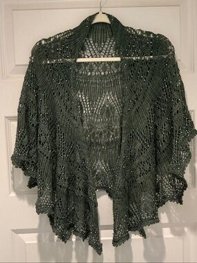 Open Knit Embellished Shrug/scarf in Dark Green Hand Made